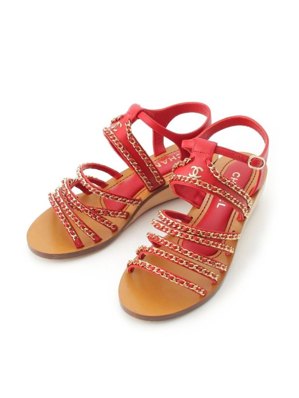 Chanel Leather Wood Chain Thick Sole Platform Sandals Red